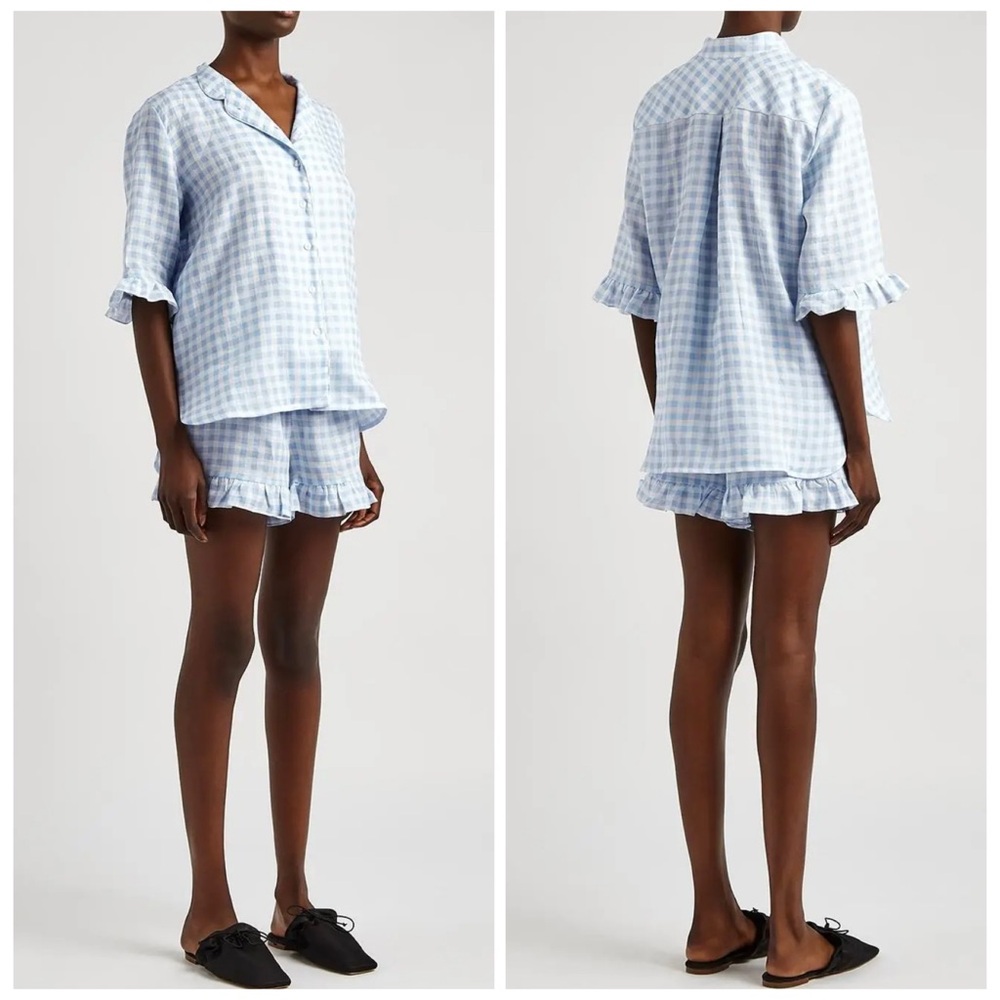 SLEEPER Linen Pajama Set - Blue Gingham